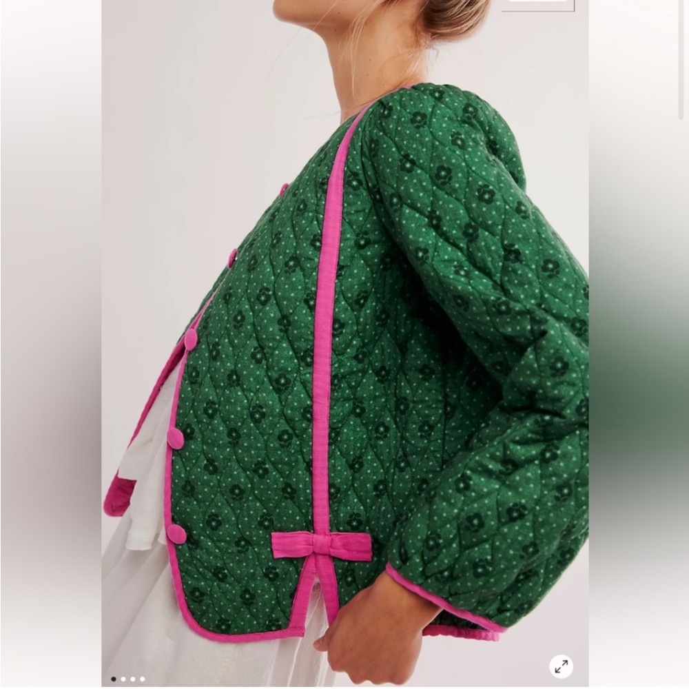 Damson Madder Diana green and pink quilted bow jacket - Picture 3 of 11